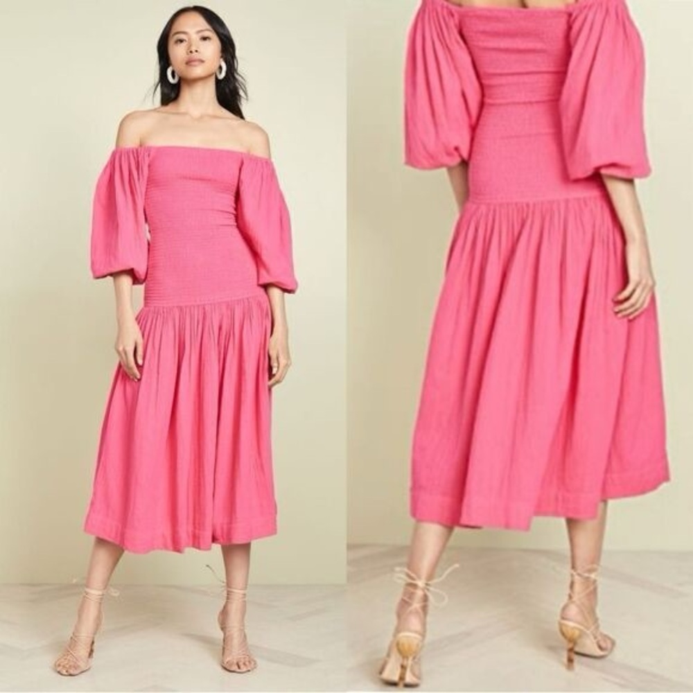 RHODE 100% Cotton Gauze Harper Midi Dress Size M  Pink Off-Shoulder Puff Sleeves